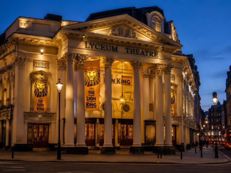 External view of the historic Lyceum Theatre, London, the famous home to Disney's The Lion King, a great location for a West End show and hotel stay.
