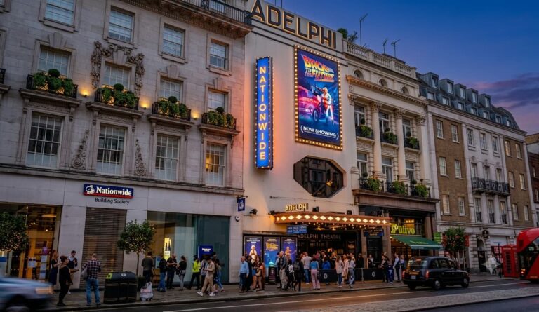 Exterior view of Adelphi Theatre with illuminated marquee on The Strand London