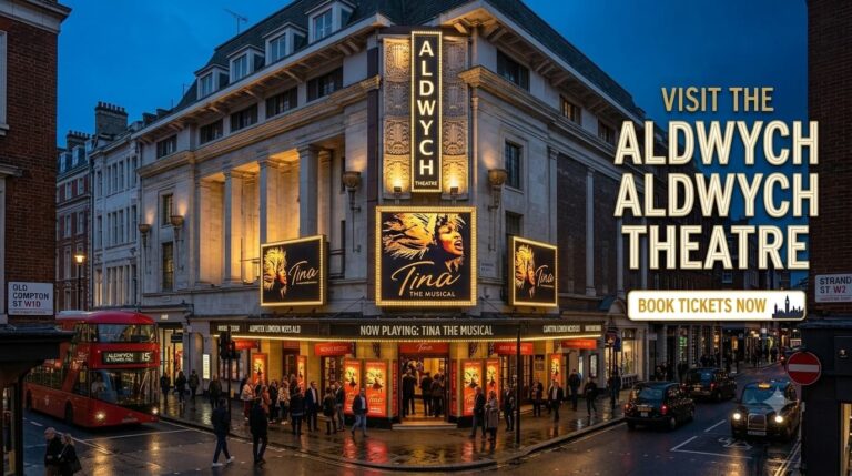 Exterior facade of historic Aldwych Theatre on Aldwych London featuring TINA The Musical marquee