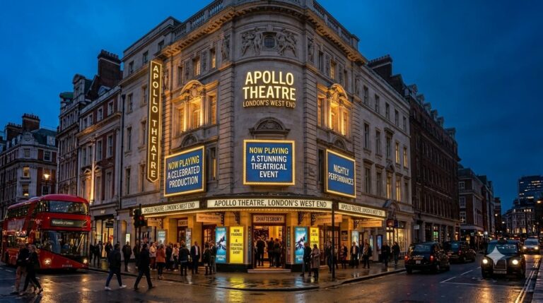 Front exterior view of the historic Apollo Theatre entrance on Shaftesbury Avenue London