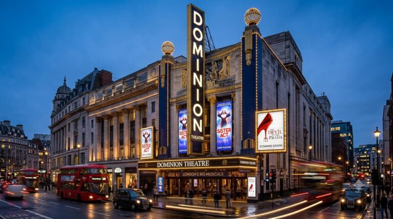 Illuminated London West End theatre district at night with marquee lights