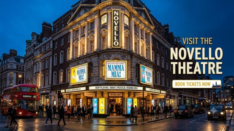 Exterior view of Novello Theatre on Aldwych London featuring illuminated Mamma Mia marquee lights