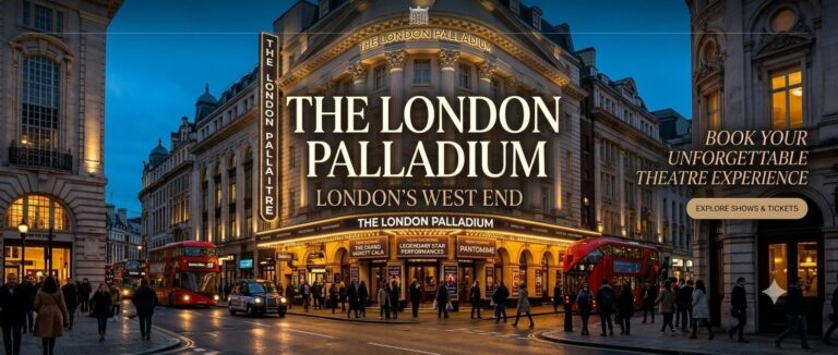 Exterior facade of The London Palladium on Argyll Street near Oxford Circus London featuring illuminated marquee