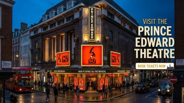 Exterior facade of Prince Edward Theatre on Old Compton Street Soho featuring MJ The Musical marquee