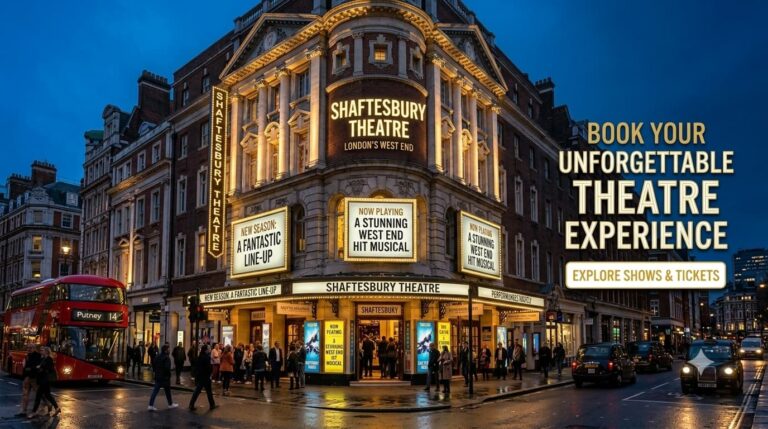 Exterior view of Shaftesbury Theatre on Shaftesbury Avenue London with illuminated entrance marquee