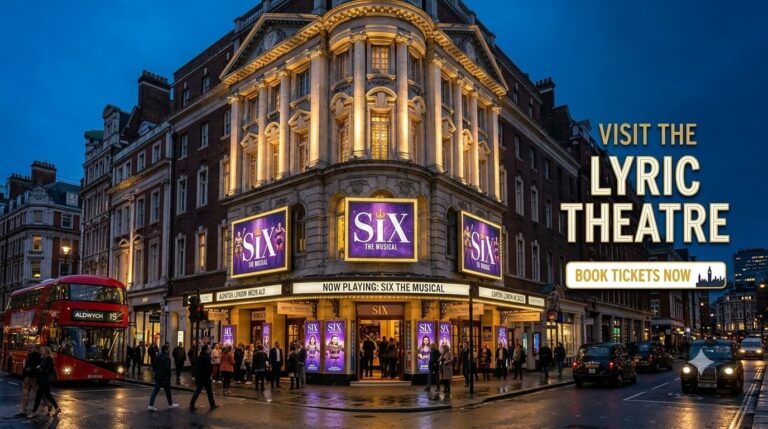 Exterior facade of the historic Lyric Theatre on Shaftesbury Avenue London with illuminated marquee