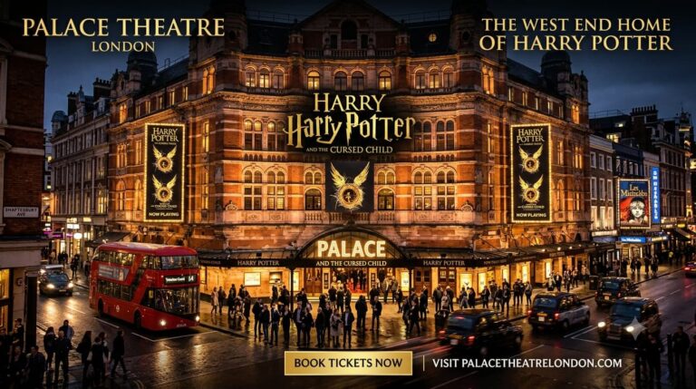 Exterior view of the historic Palace Theatre on Shaftesbury Avenue London featuring illuminated marquee lights
