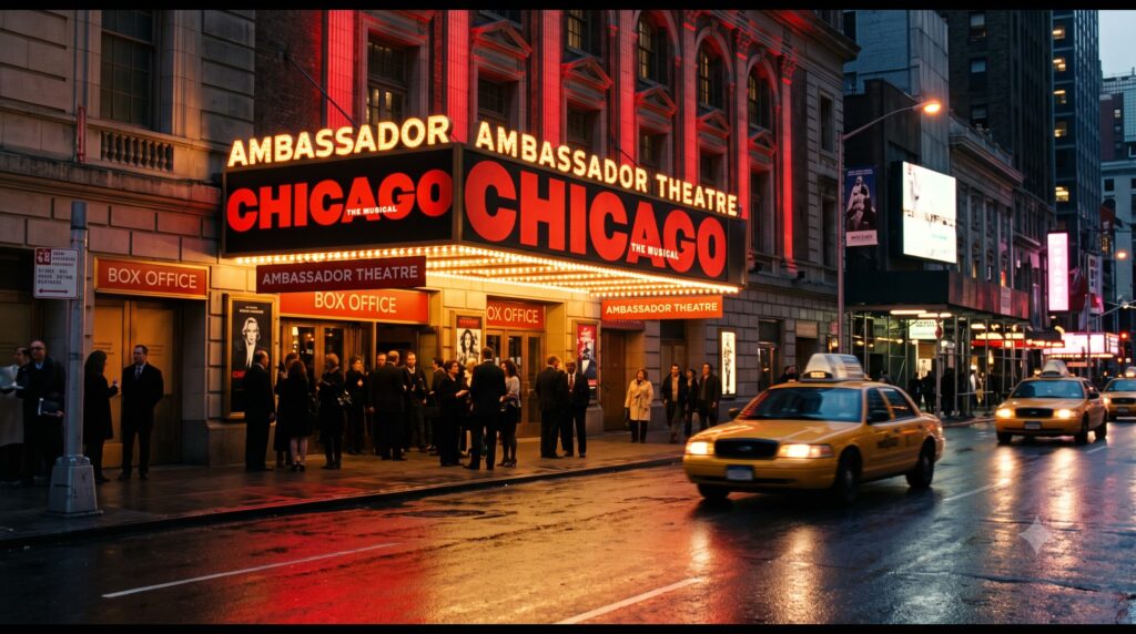 A cinematic street-level photograph of the historic Ambassador Theatre exterior on West 49th Street in New York City