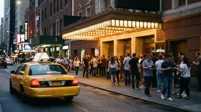 Eye-level 35mm candid street photograph of the historic Eugene O'Neill Theatre facade on West 49th Street in Manhattan at dusk.