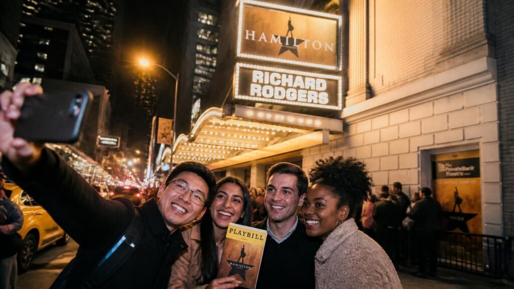 Candid street-style photograph of an excited traveler couple standing outside the Richard Rodgers Theatre in NYC during twilight.