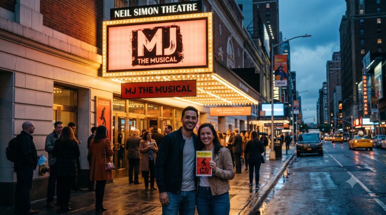 Cinematic evening photograph of the Neil Simon Theatre on West 52nd Street, NYC.