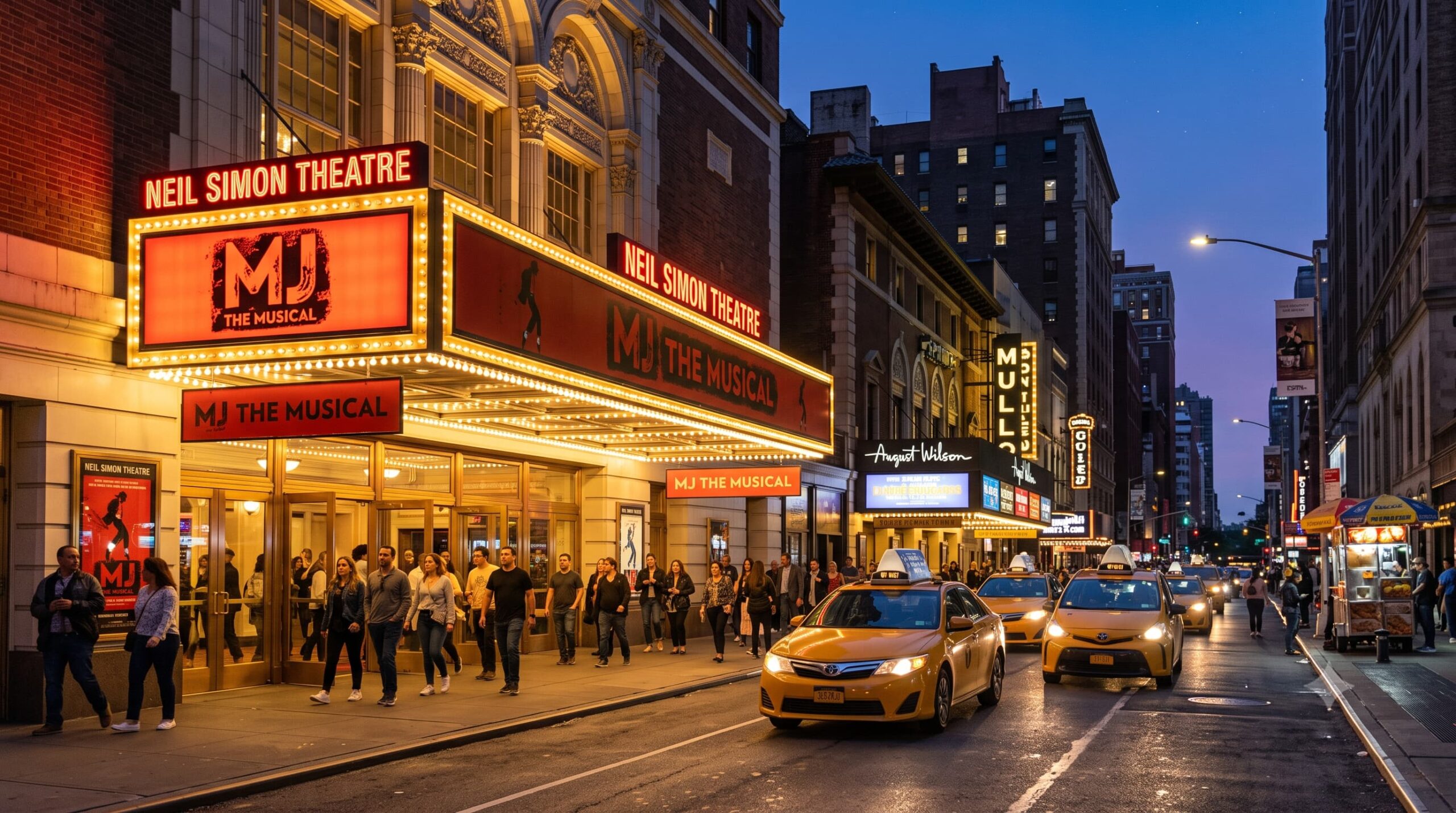 Cinematic street-level photograph of the historic Neil Simon Theatre on West 52nd Street in Midtown Manhattan, New York.