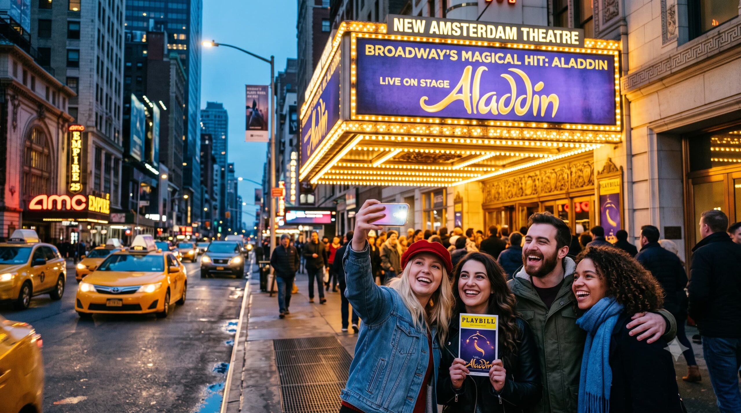 A candid street photograph on West 42nd Street in New York City during twilight, outside the historic New Amsterdam Theatre.