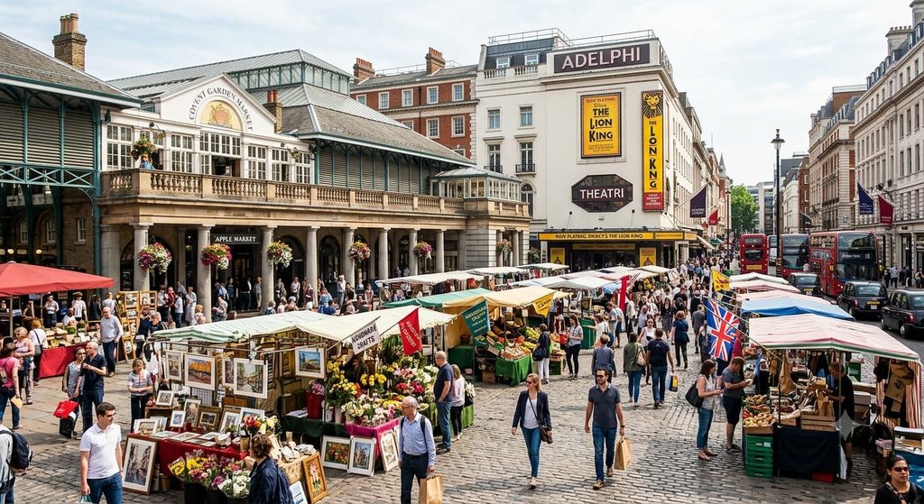 Piazza and market stalls near Adelphi Theatre

