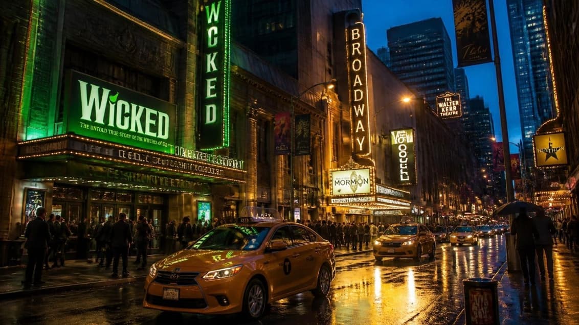 A wide cinematic exterior photograph of the New York Theater District at twilight on West 51st Street near Broadway