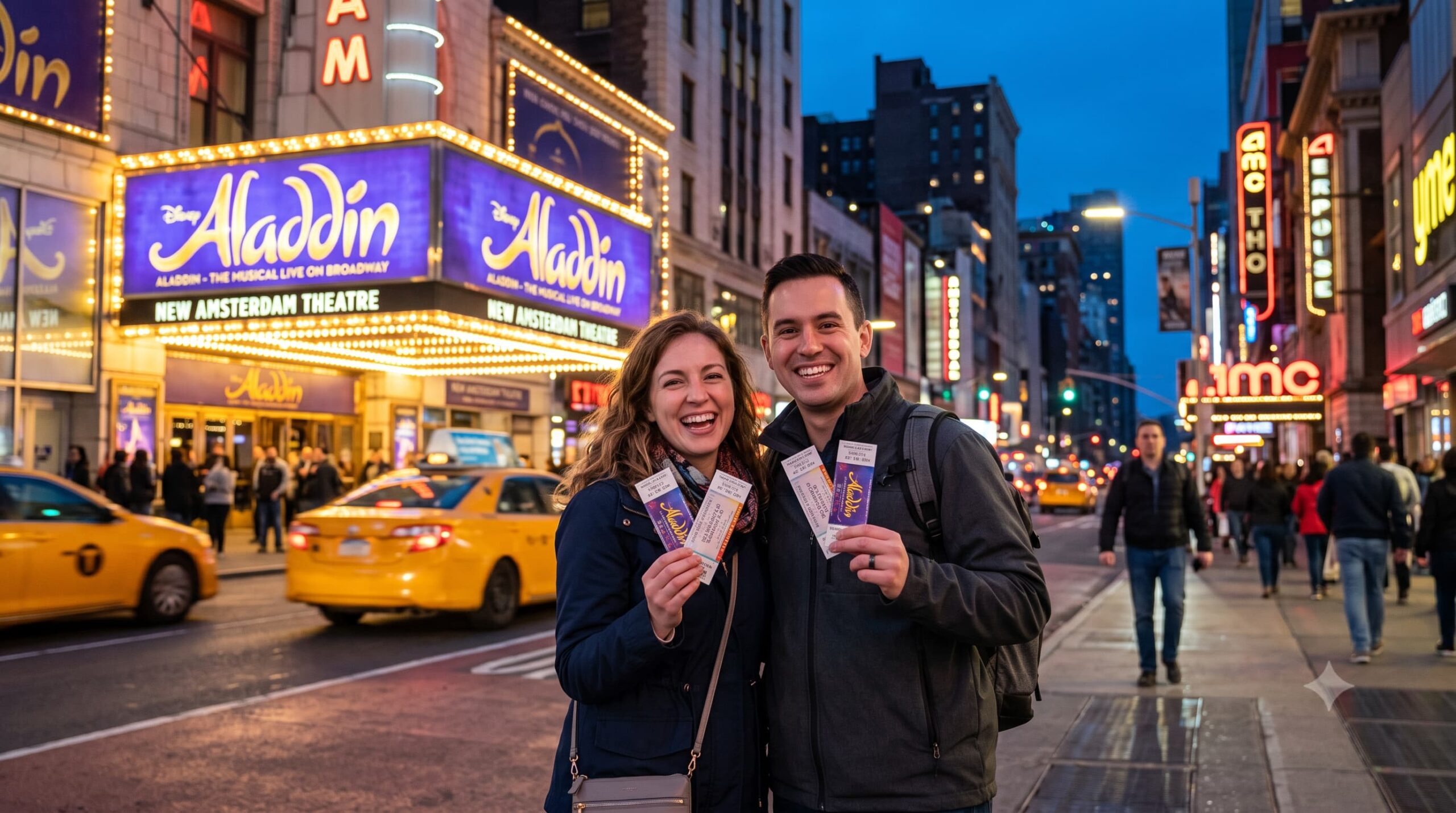 An excited tourist couple smiling outside the New Amsterdam Theatre in Manhattan at blue hour, holding up Broadway musical show tickets towards the camera.