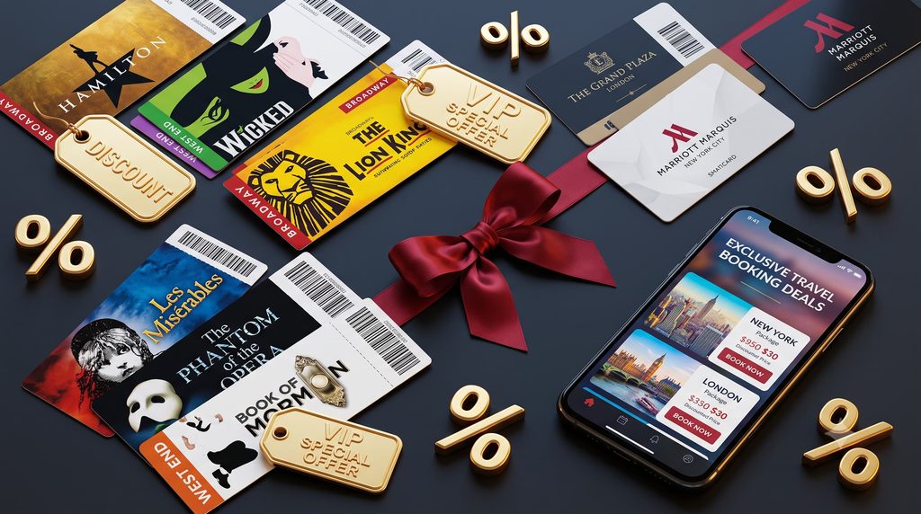 Vibrant commercial travel promotional flatlay banner on a sleek dark surface: multiple Broadway and West End show tickets with golden "DISCOUNT" and "VIP SPECIAL OFFER"