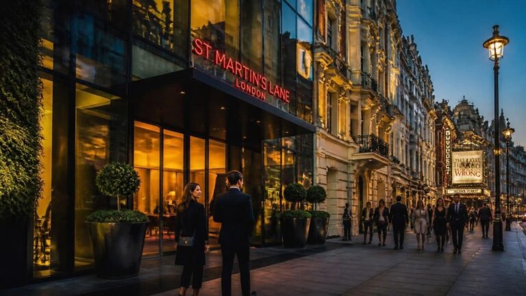 editorial photograph of a stylish 5-star boutique hotel entrance on St Martin's Lane, London in the early evening. Modern glass facade blended with historic Victorian architecture